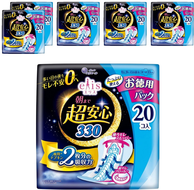 elleair 艾黎艾爾 elis 愛麗思 日本原裝進口 超安心防漏衛生棉 特多型 33cm, 夜用, 20片, 6包