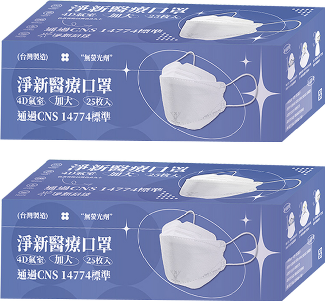 淨新科技 成人口罩 4D細耳 加大, 白色, 25片, 2盒