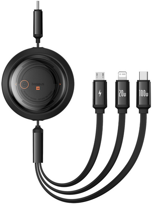 Baseus 倍思 Baseus 酷睿系列 Type-C to Micro-USB + Lightning + Type-C 100W 隨意拉伸快充傳輸線, 星曜黑, 1m, 1條