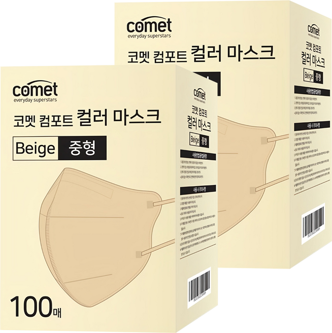 comet 舒適單色鳥嘴型口罩 M, 100片, 2盒, 米色