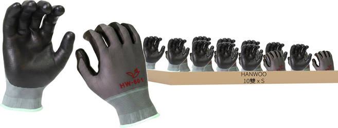 HANWOO 丁腈橡膠塗層工作手套 HW-601, 灰色 + 黑色, 10雙