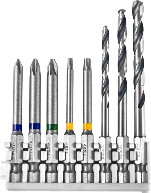 BOSCH 博世 台灣公司貨 皮克力鐵工鑽頭 六角柄鐵工鑽頭 4mm + 六角柄鐵工鑽頭5mm + 六角柄鐵工鑽頭6mm + 梅花型起子頭 T15 + 梅花型起子頭 T25 + 十字起子頭 PH1 + 十字起子頭 PH2, 1組