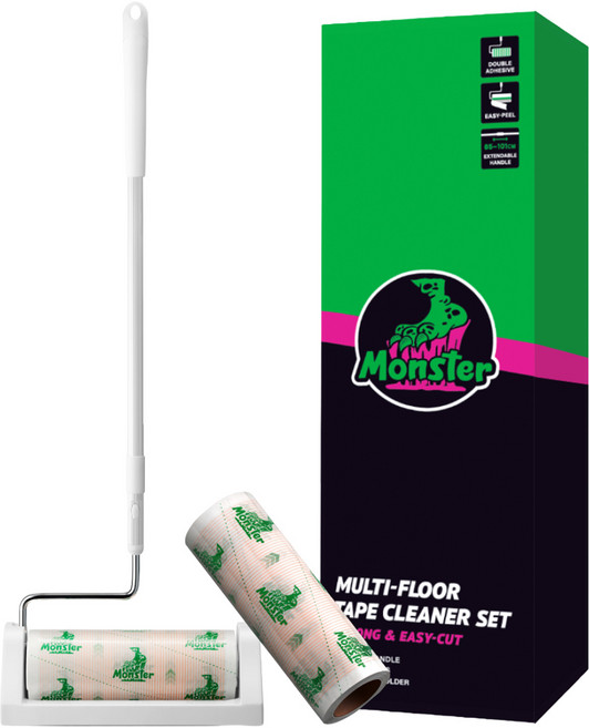 Monster Gel 地板用滾筒除塵黏把 長度可調長柄 + 收納架 + 補充包 2入組, 1套