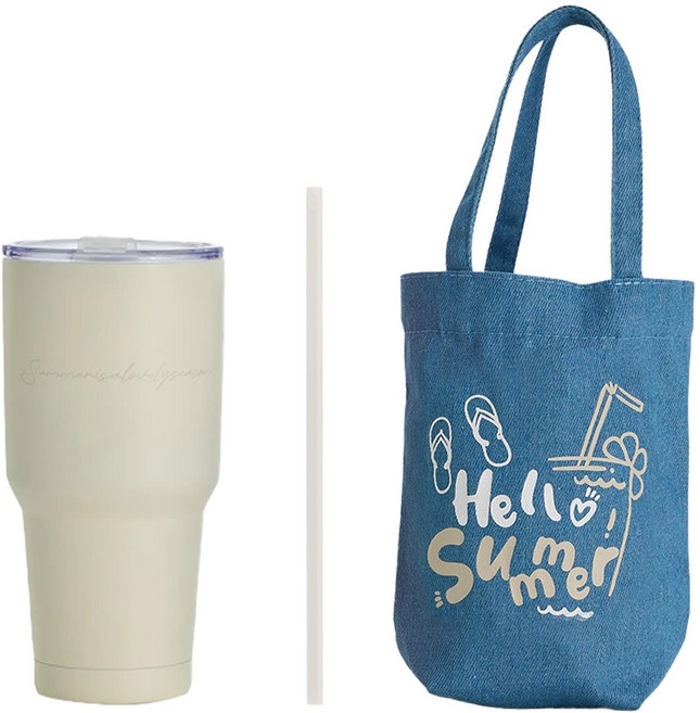 Hiromimi 內瓷不鏽鋼冰壩杯+吸管+提袋, 輕甜奶油, 900ml, 1組