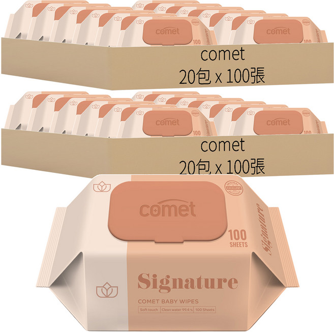 comet Baby Wipes Signature 壓紋寶寶濕紙巾 掀蓋式 加厚型, 55g, 100張, 40包
