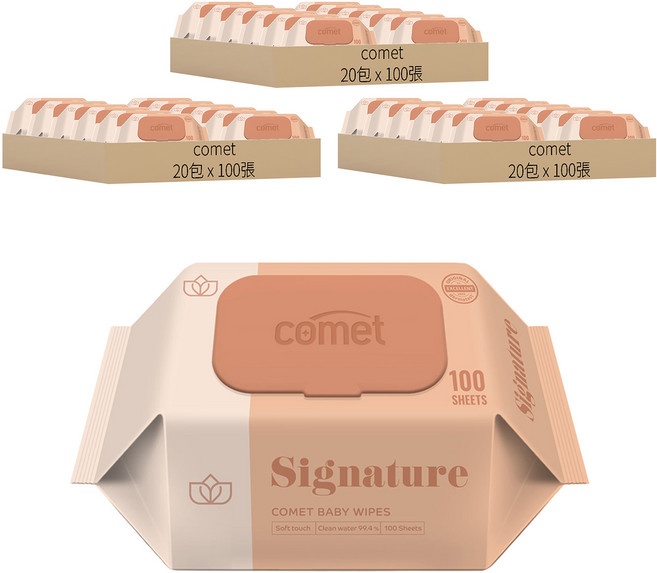 comet Baby Wipes Signature 壓紋寶寶濕紙巾 掀蓋式 加厚型, 55g, 100張, 60包