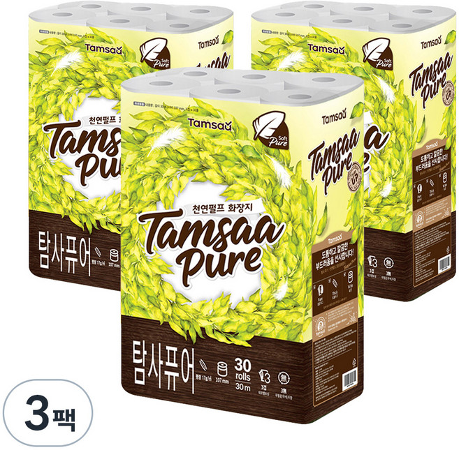 Tamsaa 純100%天然紙漿3層捲筒衛生紙 30 m, 30m, 30入, 3個
