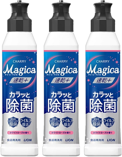 LION 獅王 CHARMY Magica 速乾+洗碗精 除菌 白玫瑰香 220ml, 3瓶