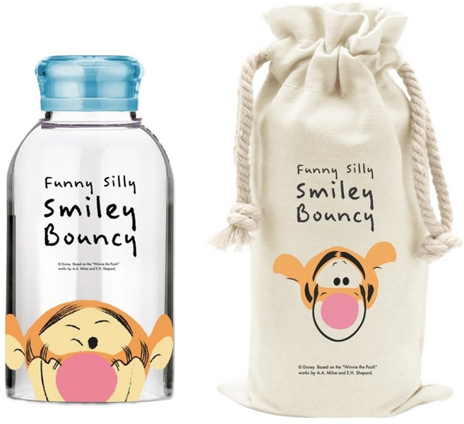 Winnie the Pooh 小熊維尼 微笑跳跳虎耐熱玻璃瓶 620ml 藍色 帆布袋組 1組
