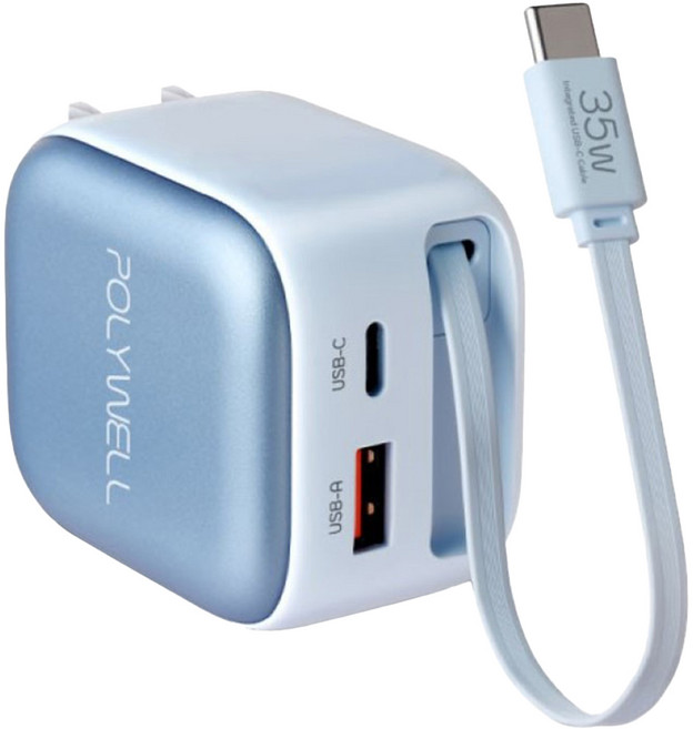 POLYWELL 寶利威爾 35W Type-C伸縮線 快充頭 Type-C + USB-A PD/QC快充 70cm 藍色 1年保固 PW15-T05-A206