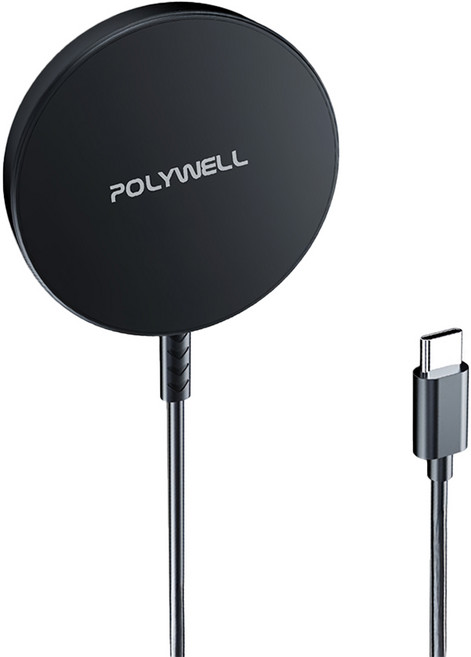 POLYWELL 寶利威爾 15W 無線磁吸充電盤 適用MagSafe/iPhone/Airpods/Qi充電 USB-C 1.2m 黑色 PW15-T65-1285