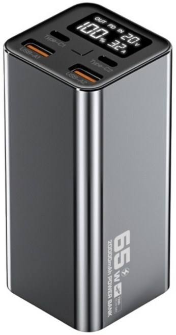 POLYWELL 寶利威爾 65W大功率行動電源 20000mAh 雙向快充大螢幕顯示鋁合金外殼 USB-A + Type-C 灰色 DDS016-03
