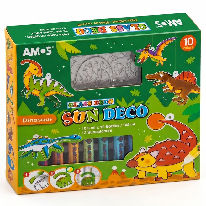 AMOS 阿摩司 主題模型版 DIY玻璃彩繪膠組 10色, 侏儸恐龍, 1盒
