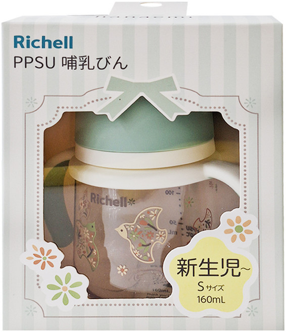 Richell 利其爾 HE PPSU寬口雙握哺乳奶瓶 0個月以上, 繁花翼 綠色 + 白色 + 透明色, 160ml, 1個