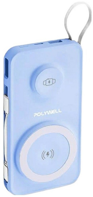 POLYWELL 寶利威爾 多合一磁吸無線充行動電源 10000mah typec, S016P01 / PW15-T16-A028, 淺藍色