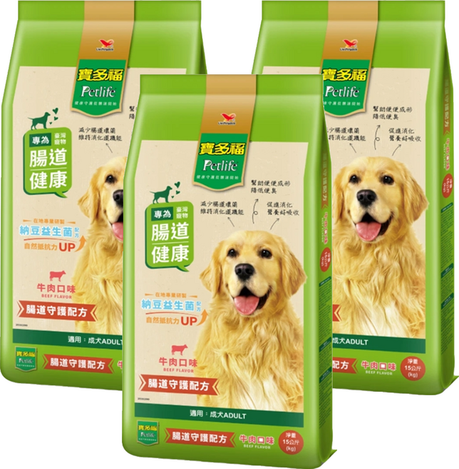 Petlife 寶多福 成犬專用 美食犬餐 乾飼料, 牛肉, 15kg, 3袋