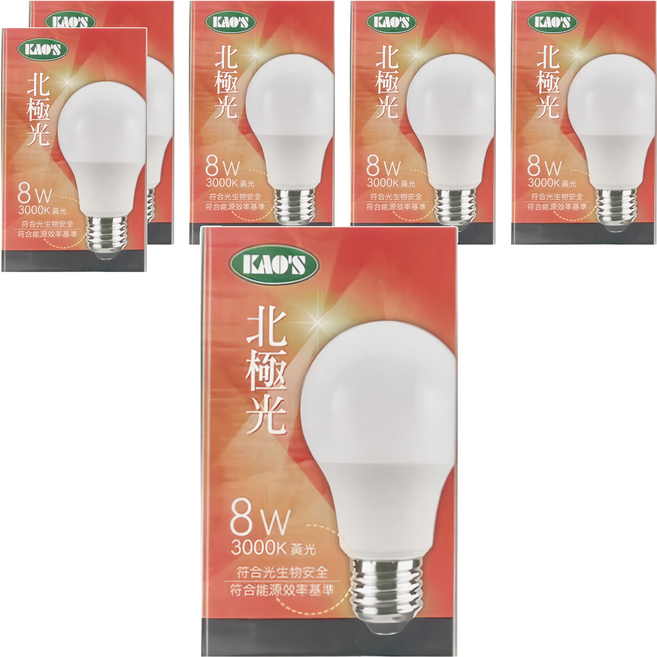 KAO'S 高氏 北極光球泡 8W, 黃光, 6個