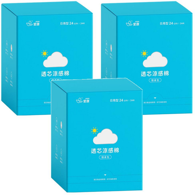 icon 愛康 透芯涼感衛生棉, 日用型(24cm), 24片, 3盒