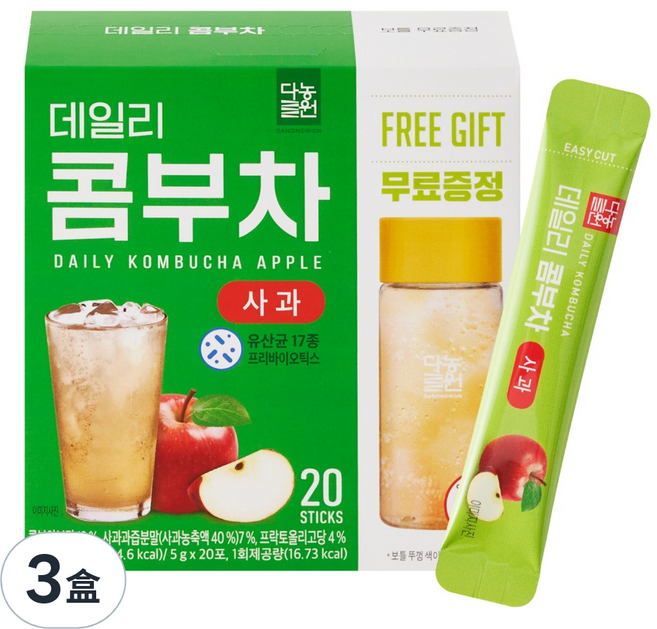 Danongwon 乳酸菌康普茶 + 瓶子 蘋果, 20包, 5g, 3盒