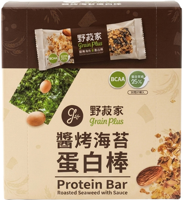 grain plus 野菽家 穀物蛋白棒 醬烤海苔 7條, 210g, 1盒