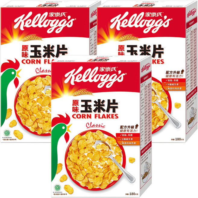 Kellogg's 家樂氏 CORN FLAKES 公雞玉米片 原味玉米片, 180g, 3盒