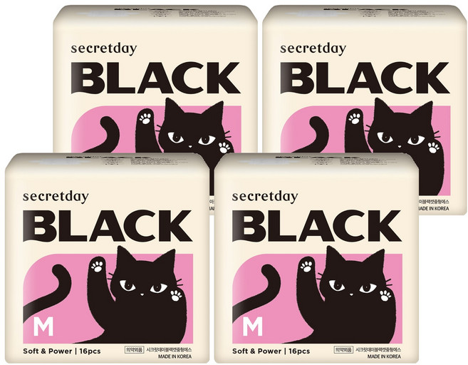 secretday 黑色蝶翼衛生棉, M, 16入, 4個