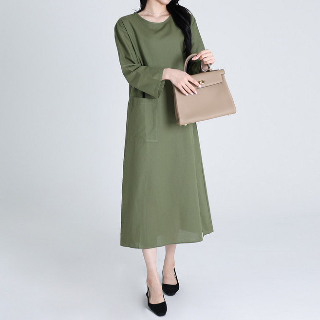 Moirbella 優雅簡約口袋輕熟女洋裝, 卡其色