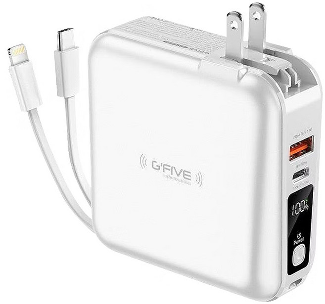 G'FIVE 基伍 22.5W五合一自帶線行動電源 10000mAh Lightning + Type-C + USB-A, GP-W10S, 白色