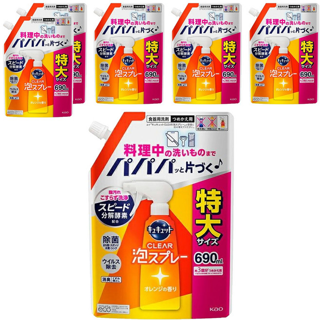 Kao 花王 Cucute 珂珂透 CLEAR 泡沫餐廚具洗碗精補充包 柑橘香, 690ml, 6包