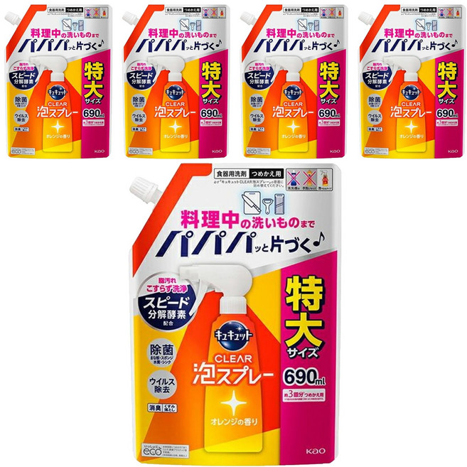Kao 花王 Cucute 珂珂透 CLEAR 泡沫餐廚具洗碗精補充包 柑橘香, 690ml, 5包