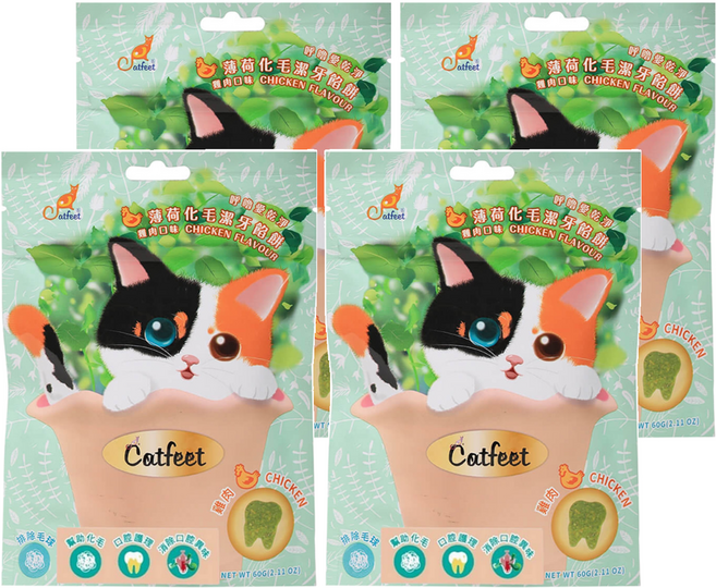 Catfeet 薄荷化毛潔牙餡餅, 嫩雞, 60g, 4包
