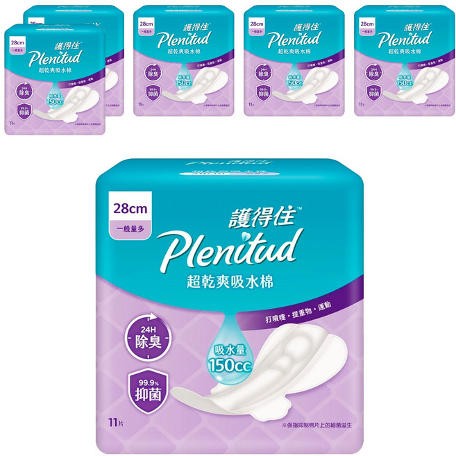 Plenitud 護得住 超乾爽吸水棉漏尿墊 防漏尿用, 28cm, 11片, 6包