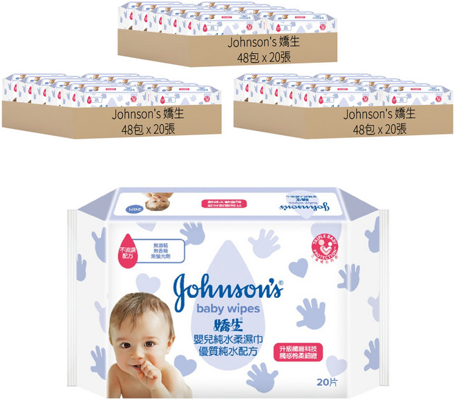 Johnson's 嬌生 嬰兒純水柔濕巾, 20張, 144包