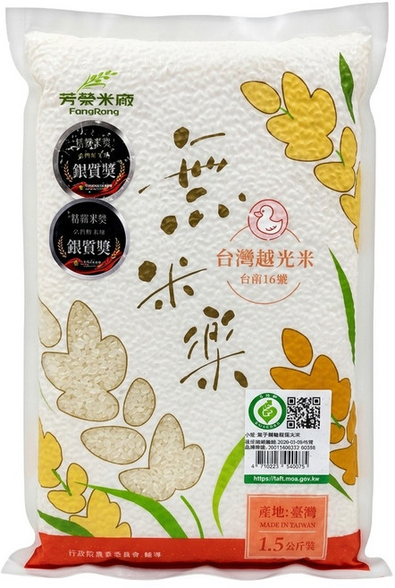 芳榮米廠 無米樂 鴨稻台灣越光米 台南16號, 一等米, 1.5kg, 1包