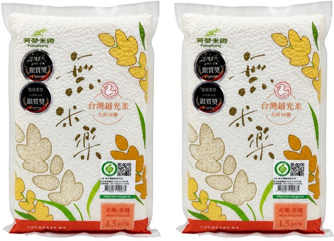 芳榮米廠 無米樂 鴨稻台灣越光米 台南16號, 一等米, 1.5kg, 2包