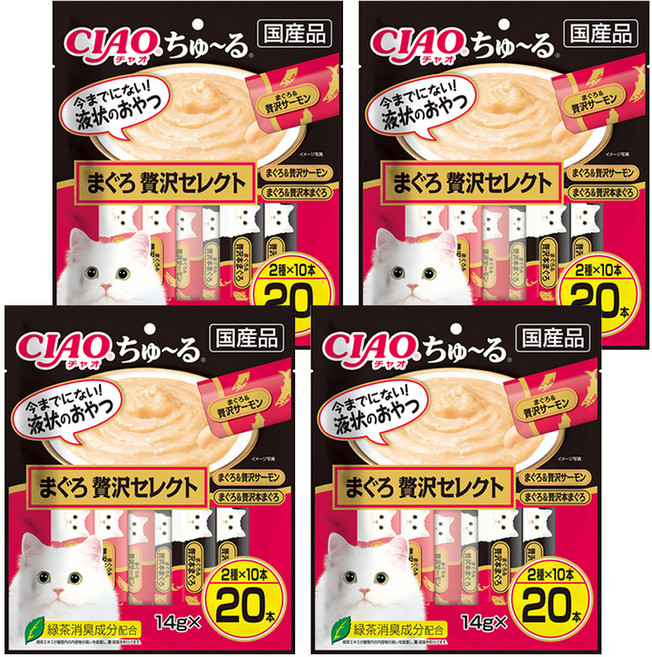 INABA CIAO 啾嚕 肉泥, 鮪魚 + 奢華鮭魚、鮪魚 + 奢華鮪魚, 280g, 4袋