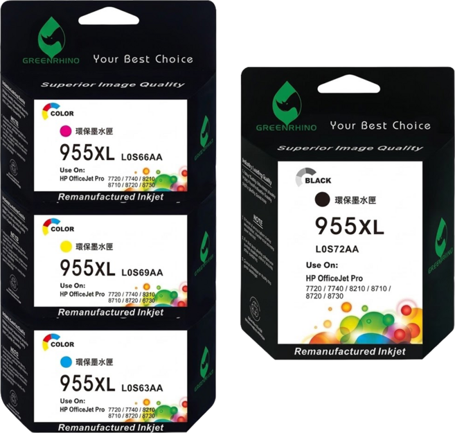 GREENRHINO 綠犀牛 相容HP 955XL L0S72AA/L0S63AA/L0S66AA/L0S69AA 環保墨水匣 OJP-7720適用, 1套, 黑色 + 紅色 + 黃色 + 藍色