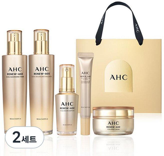 AHC Renew Age亮白緊緻滋養保養品禮盒 安瓶 30ml + 乳液 130ml + 化妝水 130ml + 眼霜 20 ml + 面霜 50ml + 購物袋, 2組