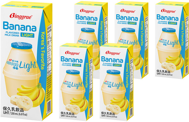 Binggrae Banana Flavored Milk 香蕉牛奶 light 香蕉風味保久乳飲品, 200ml, 6入