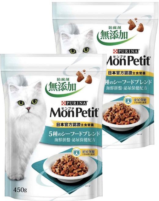MonPetit 貓倍麗 成貓 乾飼料, 鮪魚 + 鰹魚 + 鯛魚 + 蝦 + 蟹, 450g, 2袋