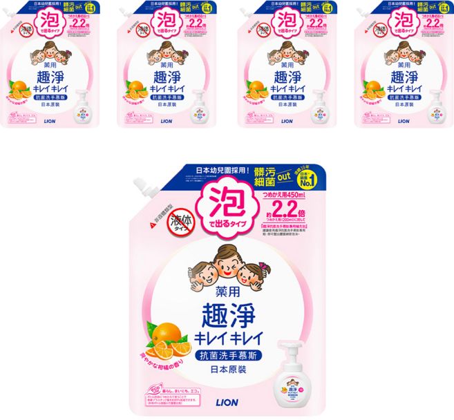 LION 獅王 趣淨 洗手慕斯補充包 清爽柑橘, 450ml, 5包