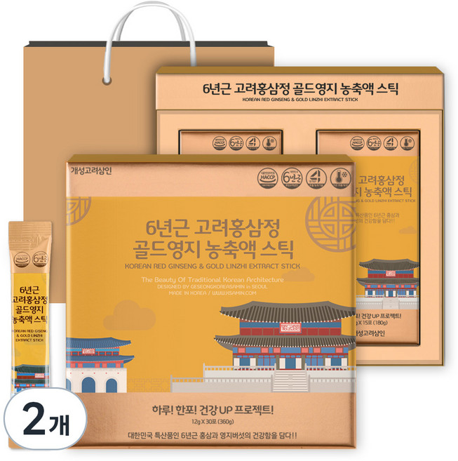 KOREAN RED GINSENG FARMER 6年根高麗紅參&金牌靈芝濃縮液隨身包 30條入+購物袋組, 360g, 2組