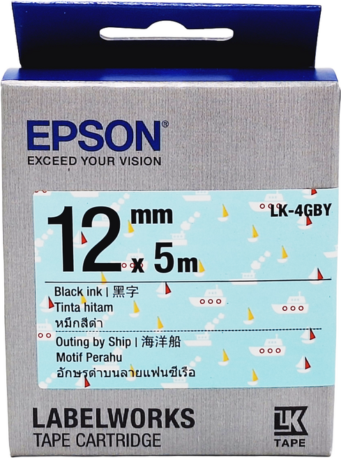 EPSON 花紋系列 標籤帶 LK-4GBY 12mm, 海洋船底黑色, 5m