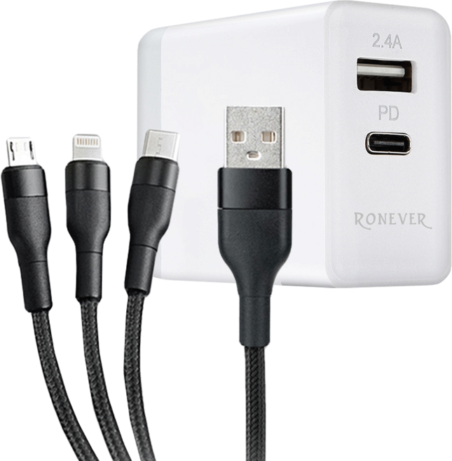 RONEVER 2 Ports 3-in-1 Cable PD充電器組 Fast Charging 折疊式插頭 白色 DE019D 54 x 46 x 27mm 120cm 114g 1組 ABS防火材質