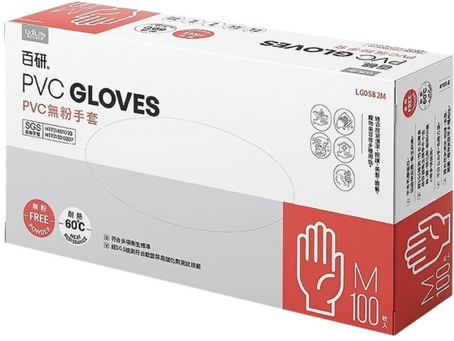 UdiLife 優的生活大師 百研 PVC無粉手套 100入, M(24 x 9.5cm), 白色, 1盒