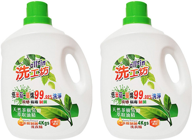 all-in 洗工坊 制菌洗衣精 4'S 天然茶樹, 4kg, 2桶