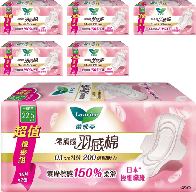 Laurier 蕾妮亞 台灣公司貨 零觸感特薄 0.1cm 羽感棉衛生棉 護翼型, 一般日用型(22.5cm), 32片, 6包