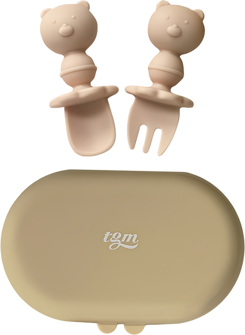 tgm 熊熊造型寶寶叉匙組, 珊瑚粉, 湯匙+叉子+餐具盒, 1組