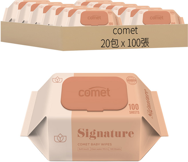 comet Baby Wipes Signature 壓紋寶寶濕紙巾 掀蓋式 加厚型, 55g, 100張, 20包