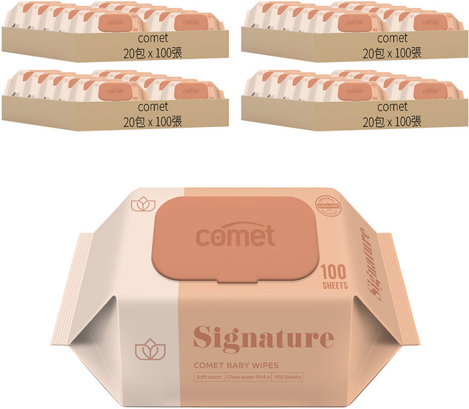 comet Baby Wipes Signature 壓紋寶寶濕紙巾 掀蓋式 加厚型, 55g, 100張, 80包